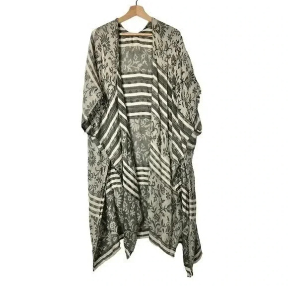 Lucky Brand Gray & Cream Floral Stripe Lightweight Kimono Duster OS - Picture 1 of 3